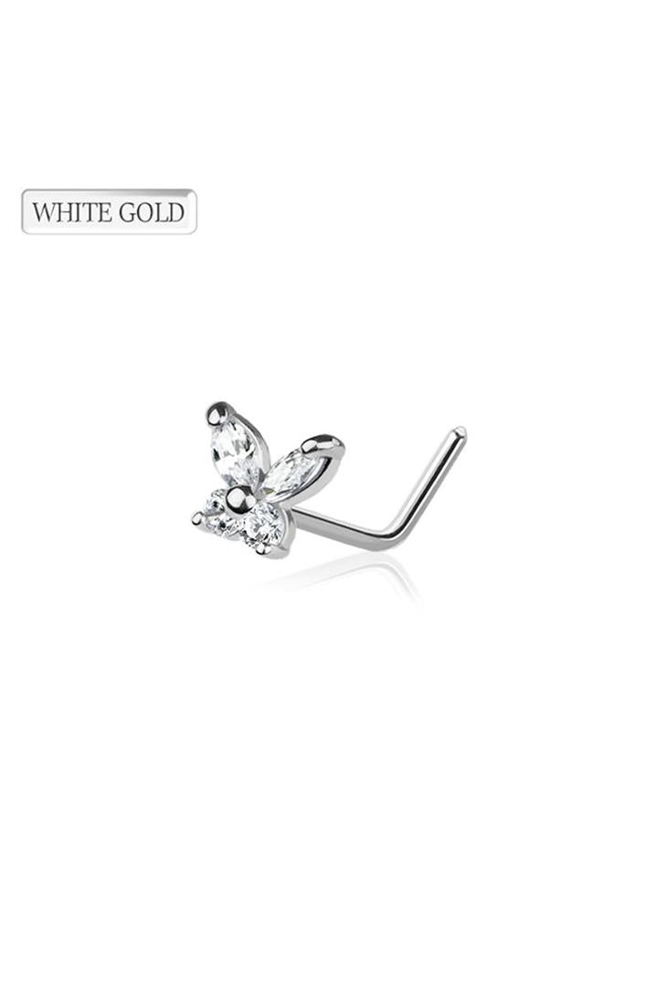14K Gold 22G Nose "L" Bend with CZ PRONG BUTTERFLY